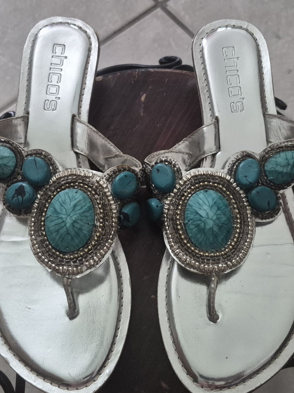 Chico's Silver Sandal with Turquoise Gem Accents Size 8